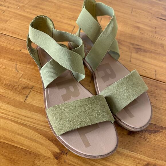 Sorel Ella II Green Suede Leather Criss Cross Elastic Flat Sandals Size 6 - Picture 3 of 6